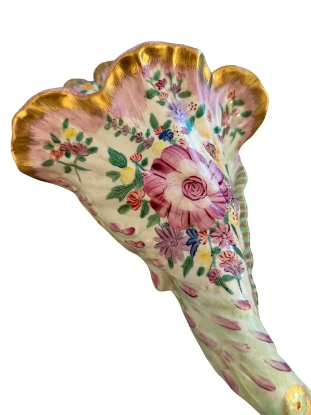 Antique French Cornucopia Shaped Hand-painted Floral Wall Vase Decorative